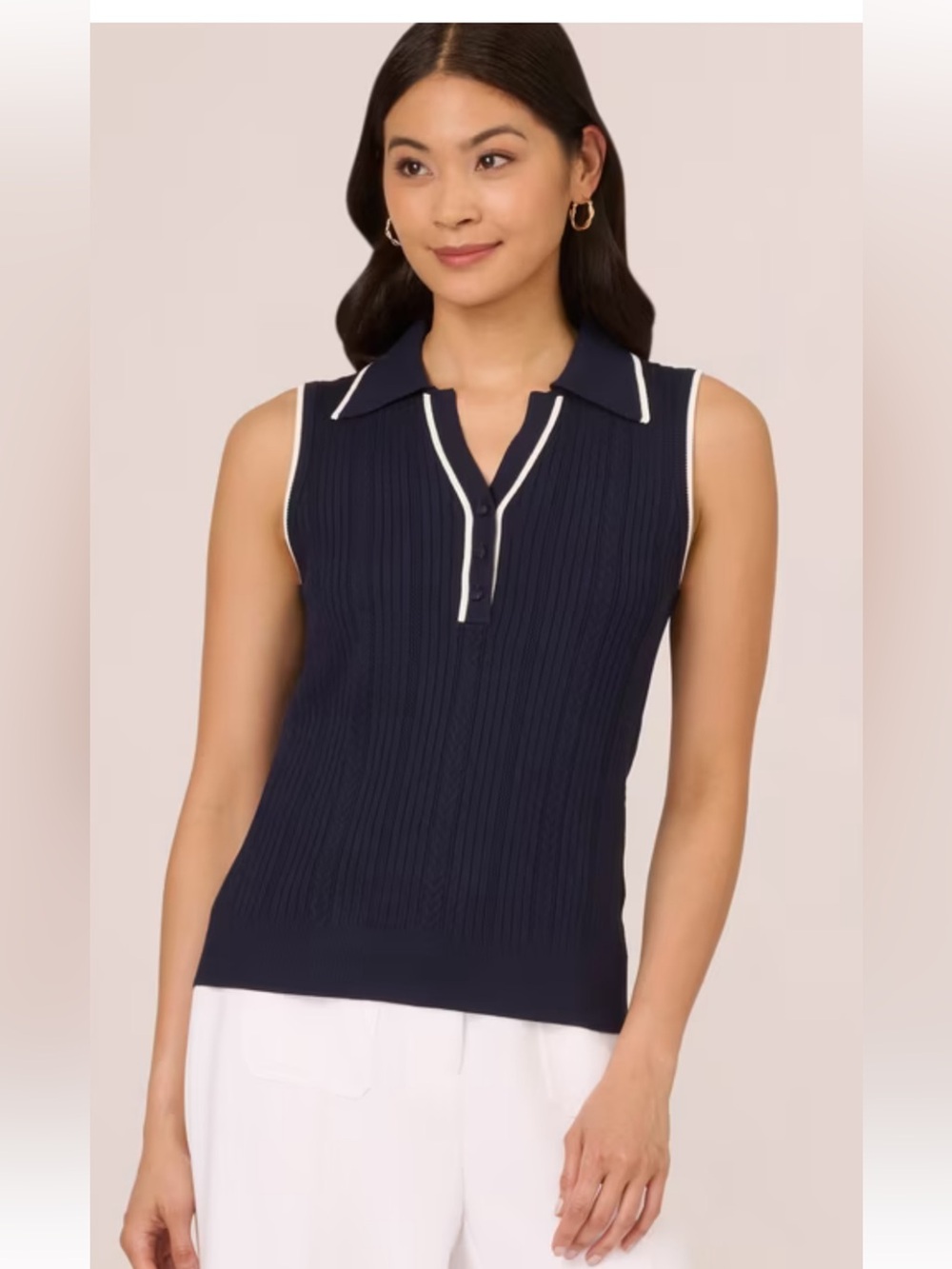 Adrianna Papell Black Sleeveless Ribbed Polo Tank with White Trim